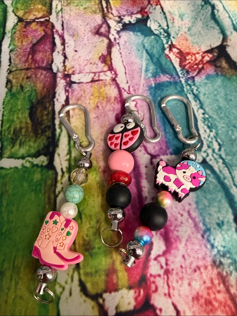 Pink Beaded Key & Card Holder Clip with Cowgirl & Cute Charms all 3